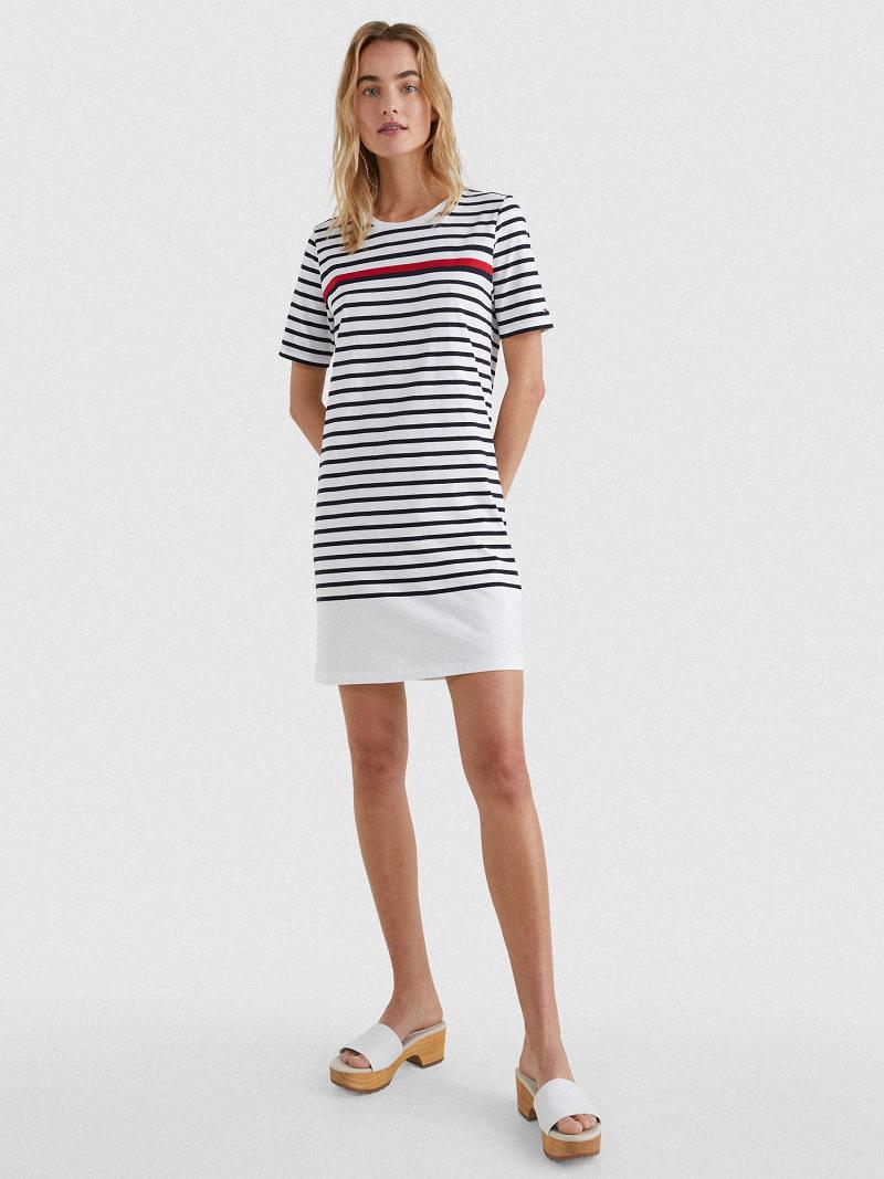 Női Tommy Hilfiger Stripe T-Shirt Dresses Piros Fehér Kék | HU 127HAP